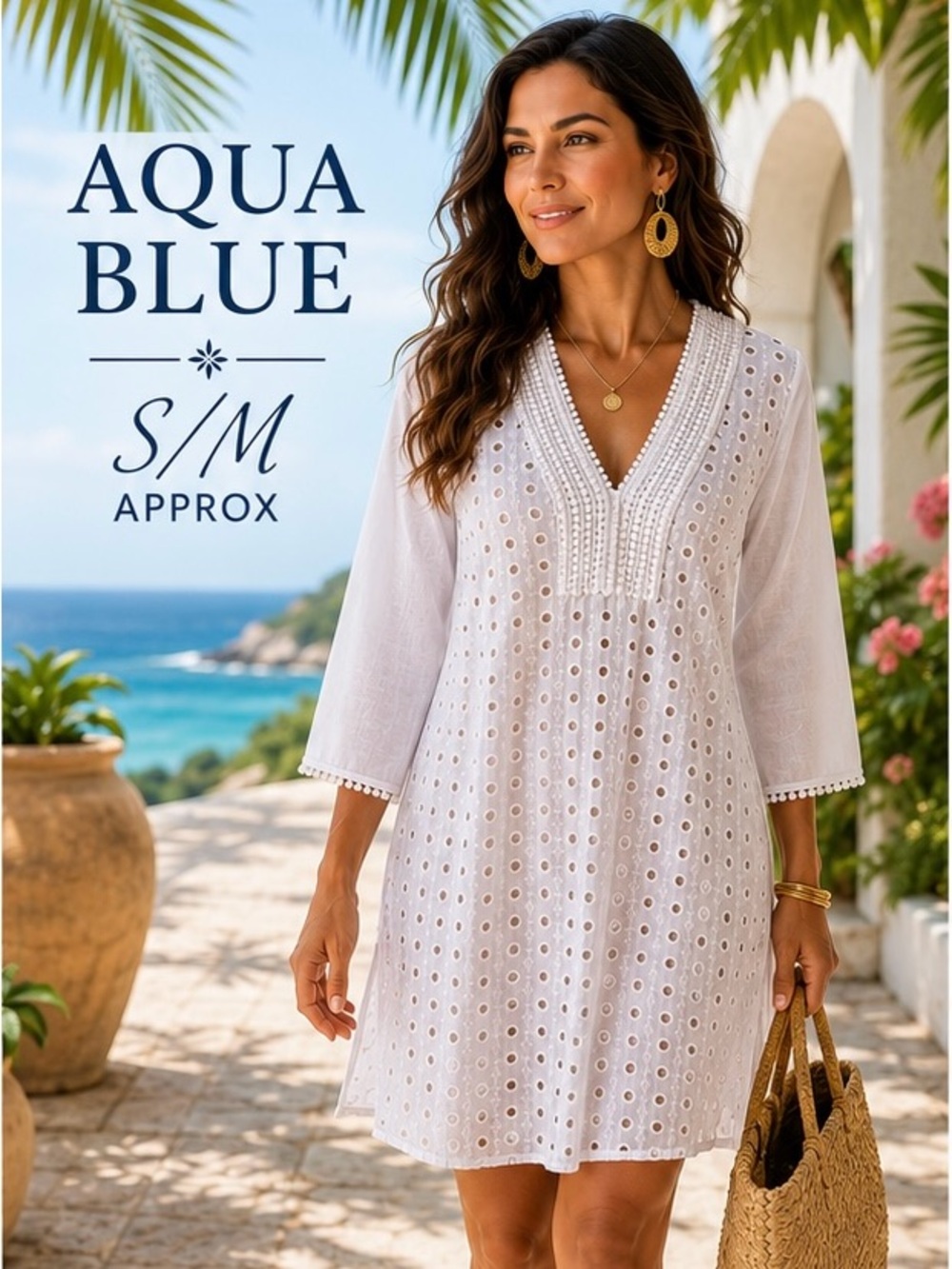 Aqua Blue White Eyelet Beach Cover Up Tunic S/M Approx